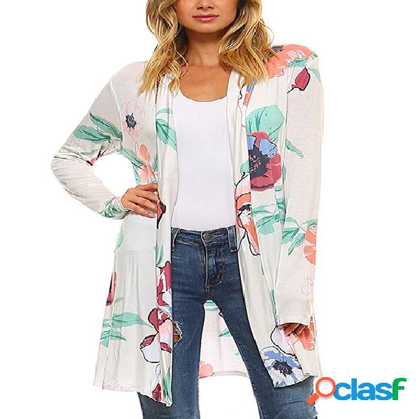 Green Random Floral Print Long Sleeves Cardigan