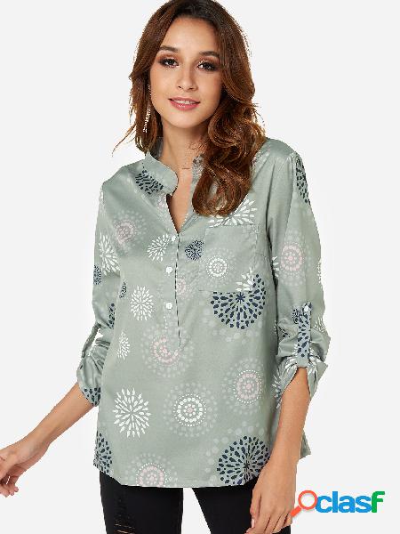 Green Random Floral Print V-neck 3/4 Length Sleeves Blouse