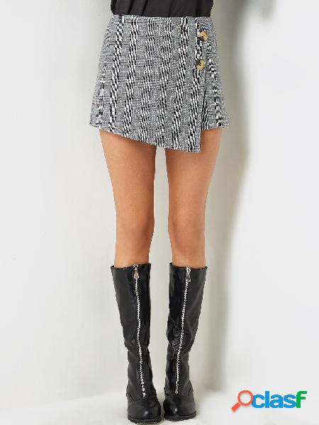 Grey Irregular Hem Grid High-waisted Skorts