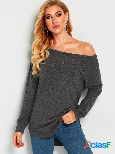 Grey One Shoulder Long Sleeves Knitted Top