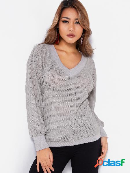 Grey V-neck Long Sleeves Sweater