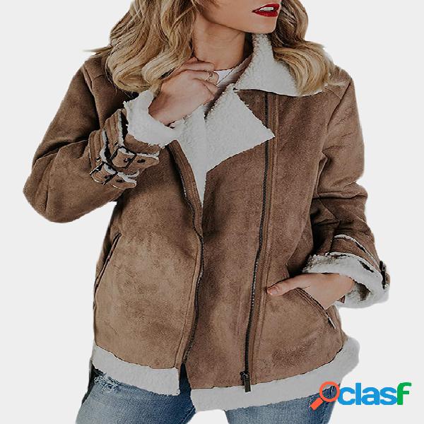 Khaki Faux Leather Plain Lapel Collar Long Sleeves Plush