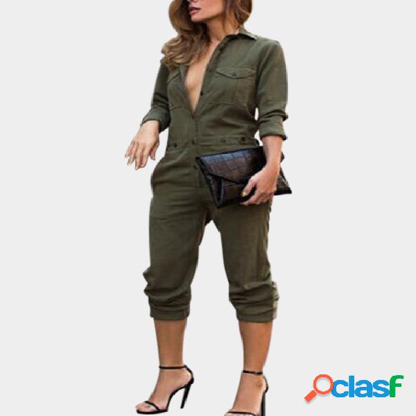 Long Sleeves Lapel Jumpsuits in Army Green With Pockets