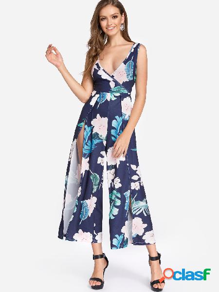 Navy Backless Design Random Floral Print Middle-waisted