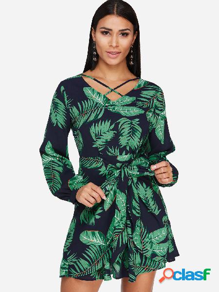 Navy Criss-cross Random Leaf Print V-neck Long Sleeves Dress