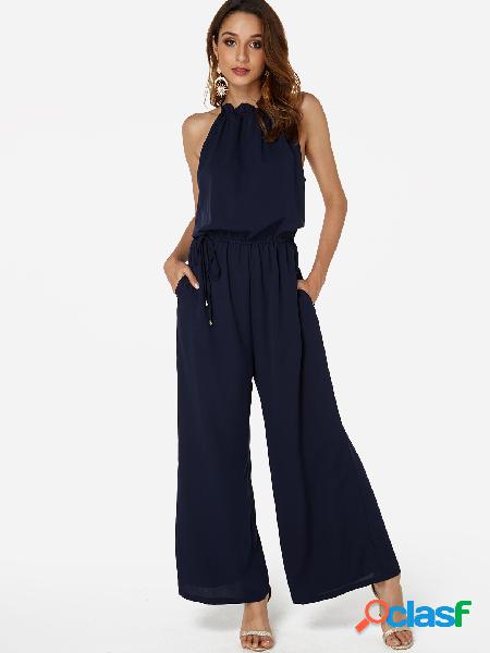 Navy Halter Neck Sleeveless Drawstring Waist Jumpsuit