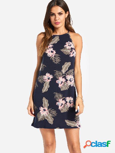 Navy Random Floral Print Sleeveless Mini Fashion Dress