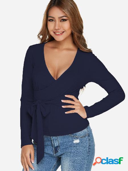 Navy Self-tie Design Deep V Neck Long Sleeves Top