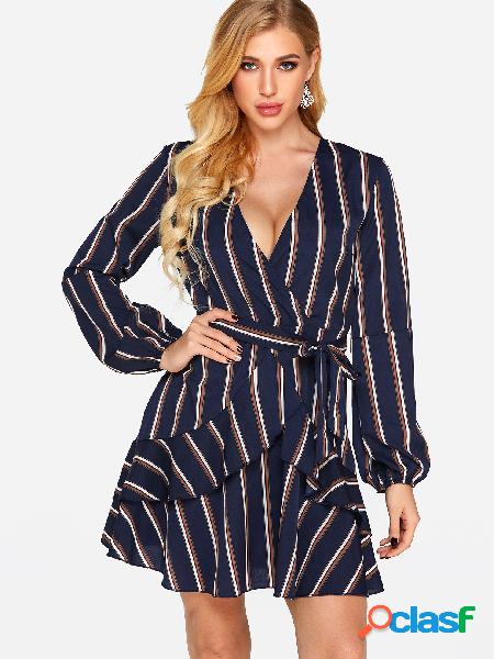 Navy Stripe Crossed Collar Wrap Dress with Belt