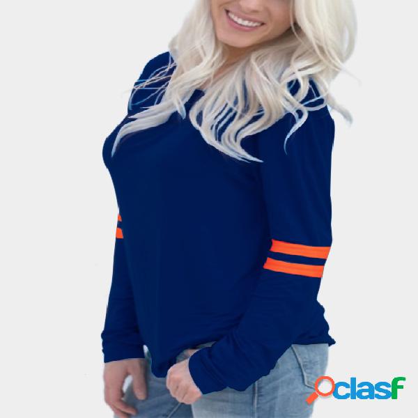 Navy Stripe Pattern Button Design Long Sleeve T-shirt