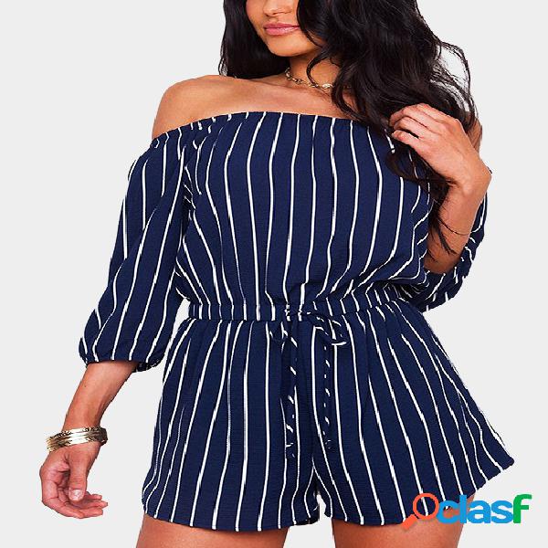 Navy Stripe Pattern Off Shoulder 3/4 Length Sleeves Playsuit