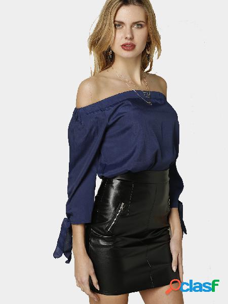 Off Shoulder Self-tie Cuffs Curved Hem Blouse