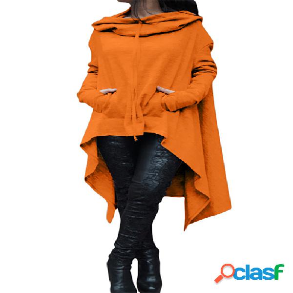 Orange Hoodie Sweatshirt with Irregular Hem