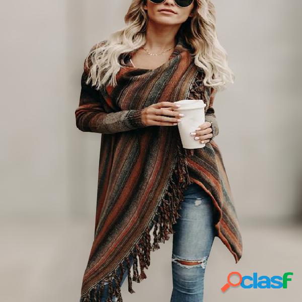 Orange Stripe Pattern Tassel Details Long Sleeves Sweater