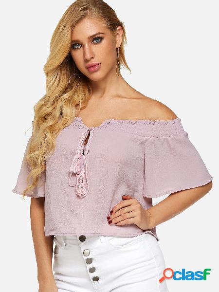 Pink Off Shoulder Bell Sleeves Tie-up Design Top