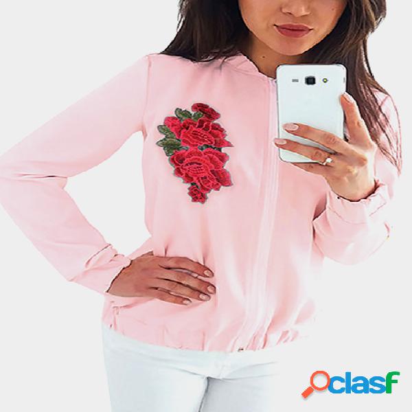 Pink Zip Design Rose Embroidered Long Sleeves Coat