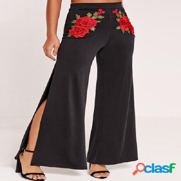 Random Embroidered Slit Wide Leg Trousers