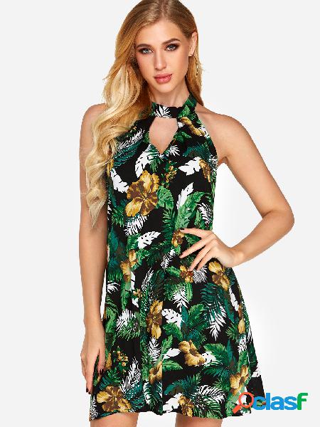 Random Floral Print Cut Out Backless Design Halter