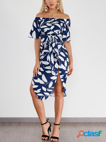 Random Floral Print Off Shoulder Slit Hem Midi Dress