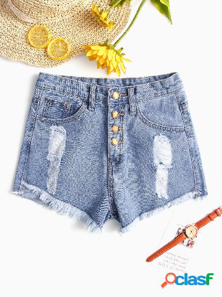 Sky Blue Random Ripped Details Mid Waist Denim Shorts