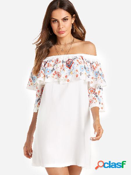 White Layered Design Random Floral Print Off The Shoulder