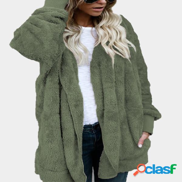 Army Green Hooded Lapel Collar Long Sleeves Sweaters Coat