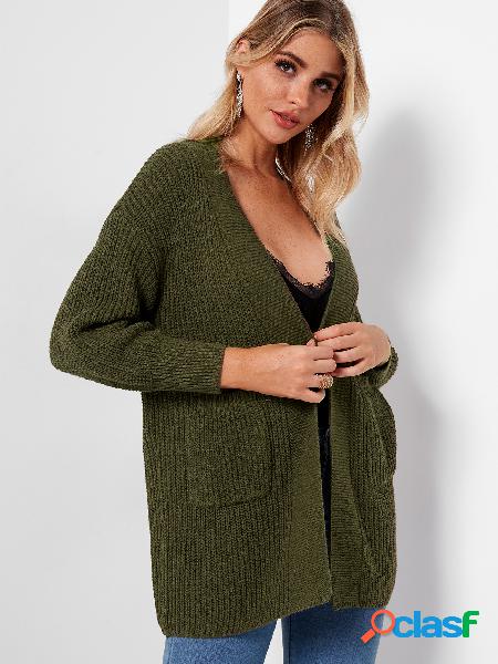 Army Green Open Front Sweater Coat With Slip Pocket