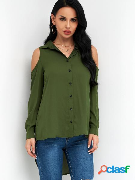 Army Green Plain Classic Collar Cold Shoulder High Low Hem