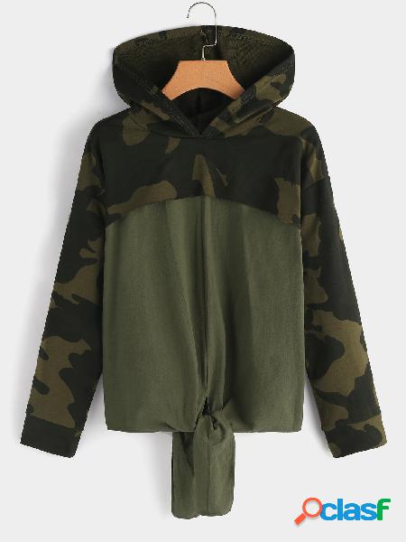 Army Green Pullover Long Sleeves Tie-up Design Hoodie