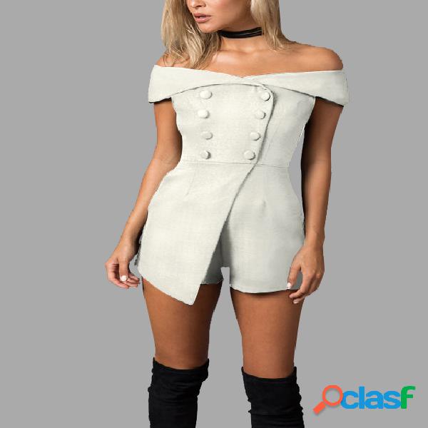 Beige Off Shoulder Playsuit with Button Design