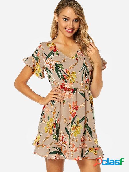 Beige Random Floral Print Flounced Details V-neck Short