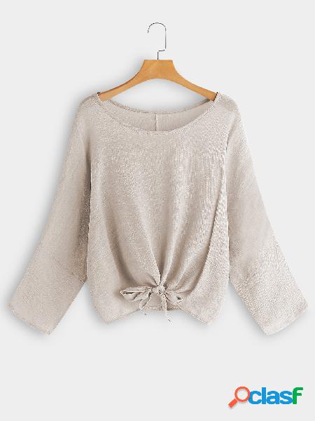 Beige Round Neck Long Sleeves Knot Front Tee