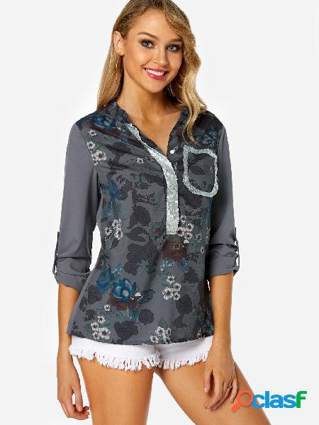 Black Button Design Random Floral Print 3/4 Length Sleeves