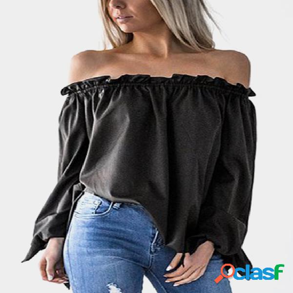 Black Chiffon Elastic Off The Shoulder Curved Hem Blouses