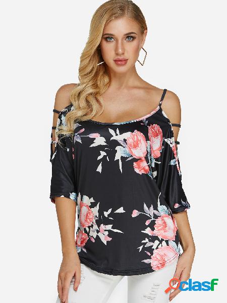 Black Cut Out Floral Print Cold Shoulder 3/4 Length Sleeves