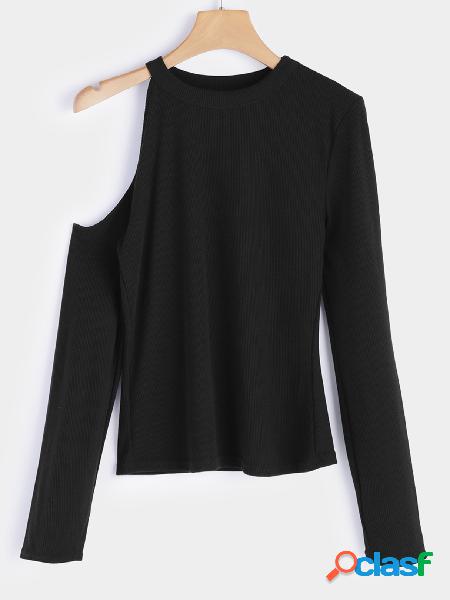 Black Cut Out Plain Cold Shoulder Long Sleeves Blouse
