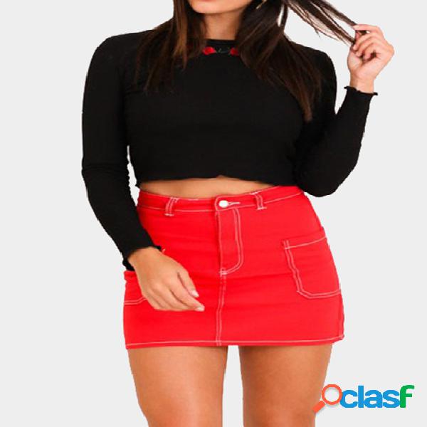 Black Embroidered Long Sleeves Bodycon Crop T-shirt