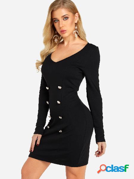 Black Fashion Long Sleeves Button Pencil Dress