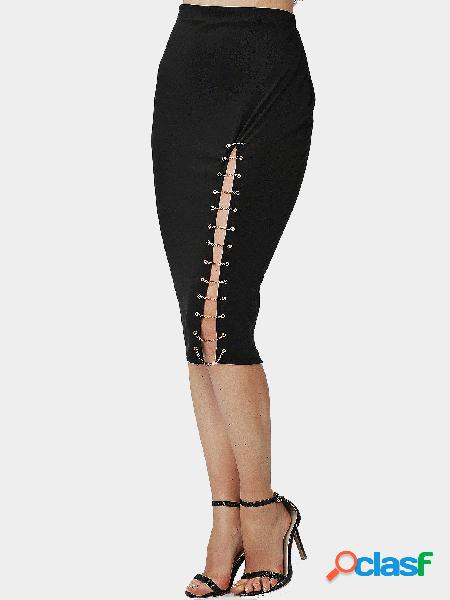 Black High Waist Bodycon Metal Chain Details Midi Skirt