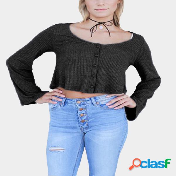 Black Long Sleeves Button Design T-shirt