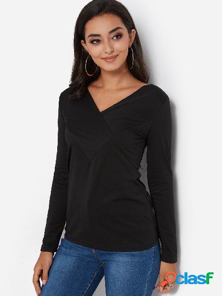 Black Pleated Design Plain V-neck Long Sleeves T-shirts