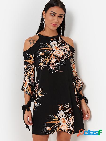 Black Random Floral Print Cold Shoulder Bell Sleeves Dress