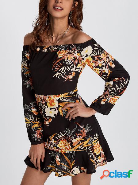 Black Random Floral Print Off The Shoulder Mini Dress