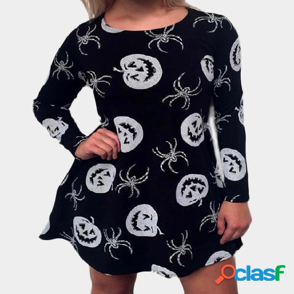 Black Random Punpkin Printed Round Neck Long Sleeves Mini
