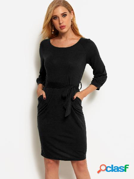 Black Self-tie Design Round Neck 3/4 Length Sleeves