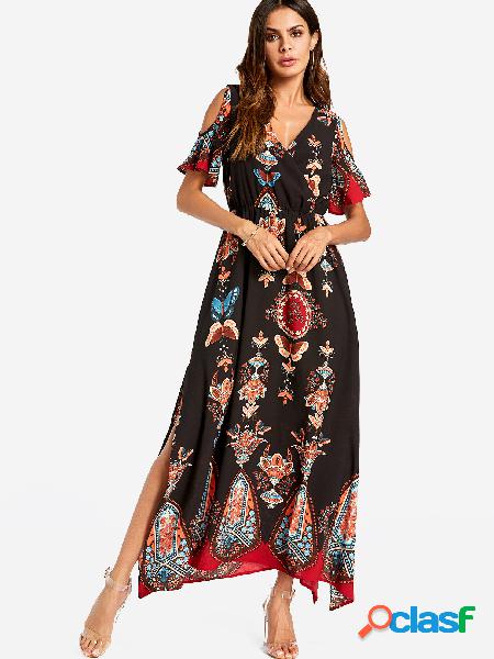 Black Slit Design Random Floral Print Cold Shoulder V-neck