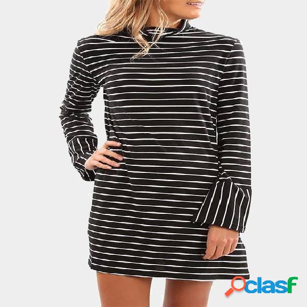 Black Stripe High Neck Long Sleeves Dress