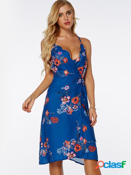 Blue Backless Design Random Floral Print V-neck Sleeveless