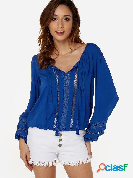 Blue Hollow Design Long Sleeves Blouse