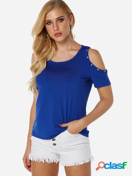 Blue Hollow Details Cold Shoulder Short Sleeves Tee